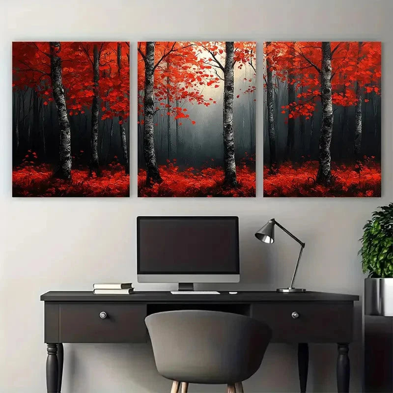 3pcs Birch Tree Forest Red Leaves Abstract Metal Print Ready to Hang Art