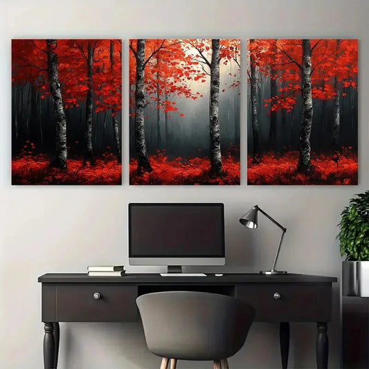 3pcs Birch Tree Forest Red Leaves Abstract Metal Print Ready to Hang Art