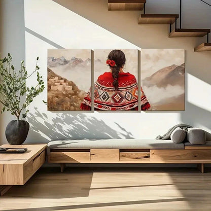 3pcs Mountain View Traditional Attire with Roses Metal Print Ready to Hang Art