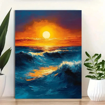 Beautiful Teal & Yellow Sunset Abstract Ocean Painting 40x60cm Metal Print Ready to Hang