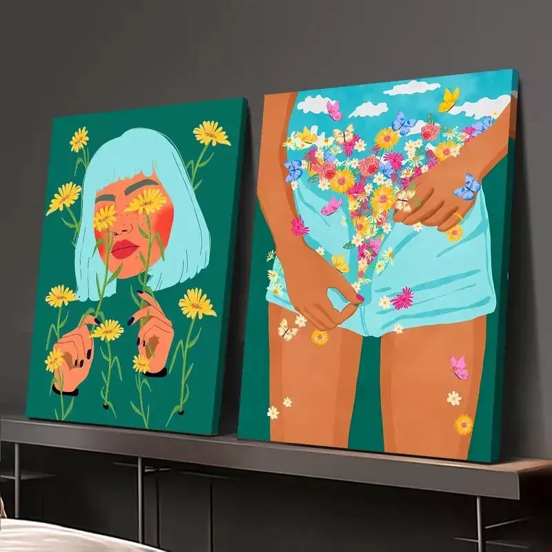 2pcs Floral Mood, So She Did The Girl Wanted to Bloom Canvas Framed 50x75cm - High Quality Print 100% Australian Made Wall Canvas Ready to Hang
