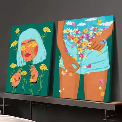 2pcs Floral Mood, So She Did The Girl Wanted to Bloom Canvas Framed 50x75cm - High Quality Print 100% Australian Made Wall Canvas Ready to Hang