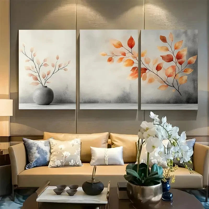 3pcs Delicate Autumn Branch with Watercolor Leaves Metal Print Ready to Hang Art