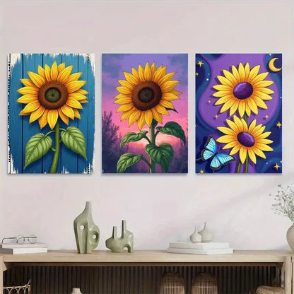 3pcs Vibrant Sunflower Modern Classic Floral Sky Wall Art Set Canvas Unframed - High Quality Print 100% Australian Made Wall Canvas