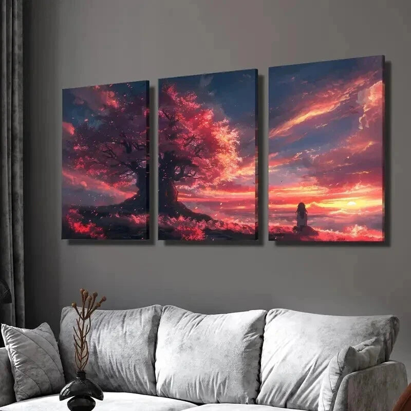 3pcs Girl Beneath a Cherry Blossom Tree Wall Art Set Canvas Framed 40x60cm - High Quality Print 100% Australian Made Wall Canvas Ready to Hang