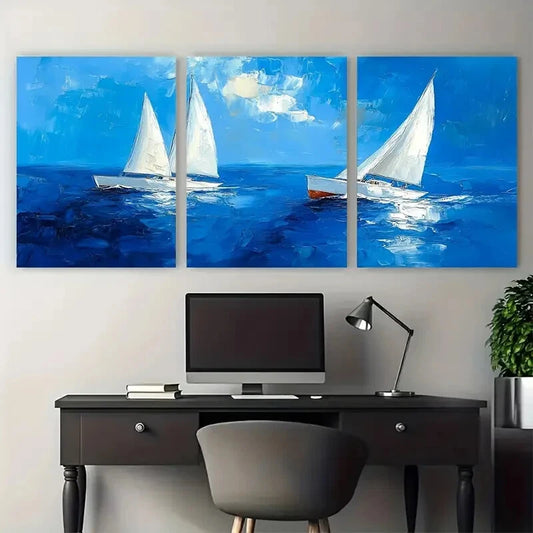 3pcs White Sailing Boats on Vibrant Blue Water Metal Print Ready to Hang Art