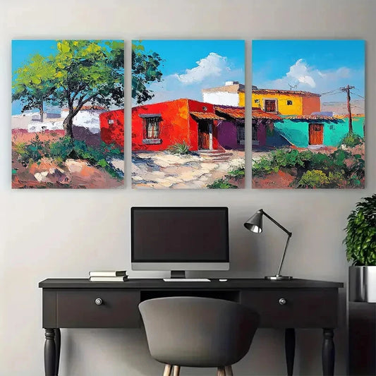 3pcs Colorful House Mexican Cityscape View Metal Print Ready to Hang Art