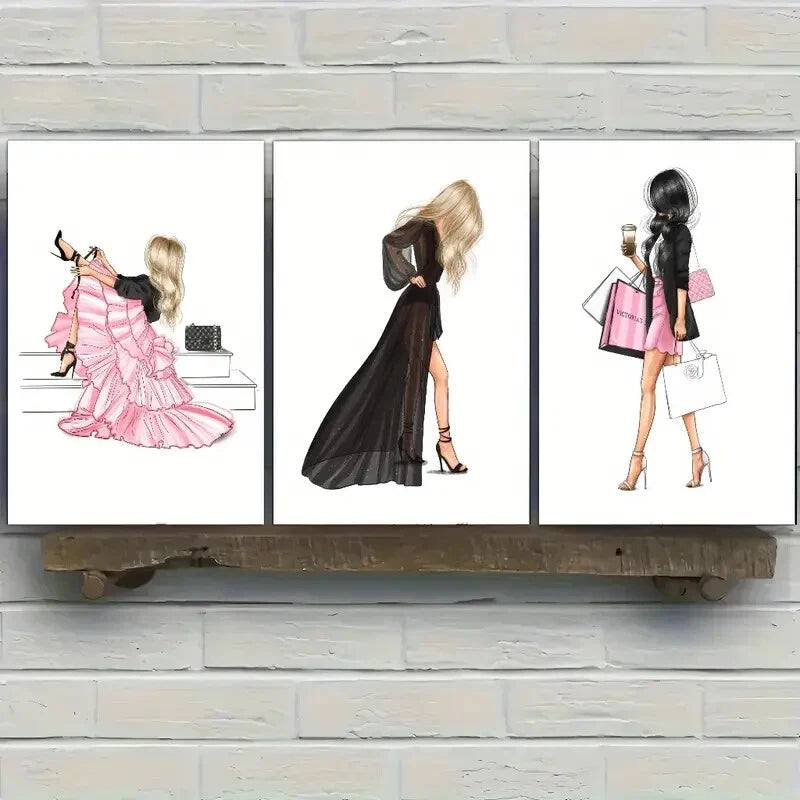 3pcs Shopping Girl Holding Bags And Coffee Metal Print Ready to Hang Art