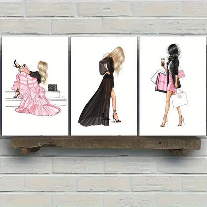3pcs Shopping Girl Holding Bags And Coffee Metal Print Ready to Hang Art