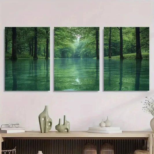 3pcs Serene Green Water Scene Trees & Calm Lake Metal Print Ready to Hang Art