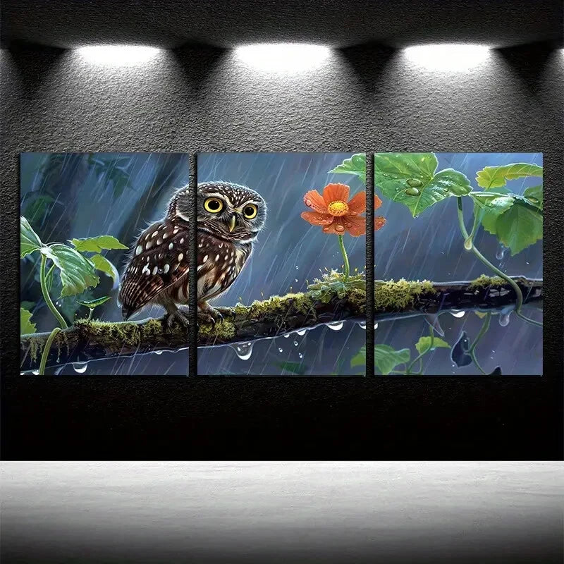 3pcs Nature-Themed Owl on Branch Design Metal Print Ready to Hang Art