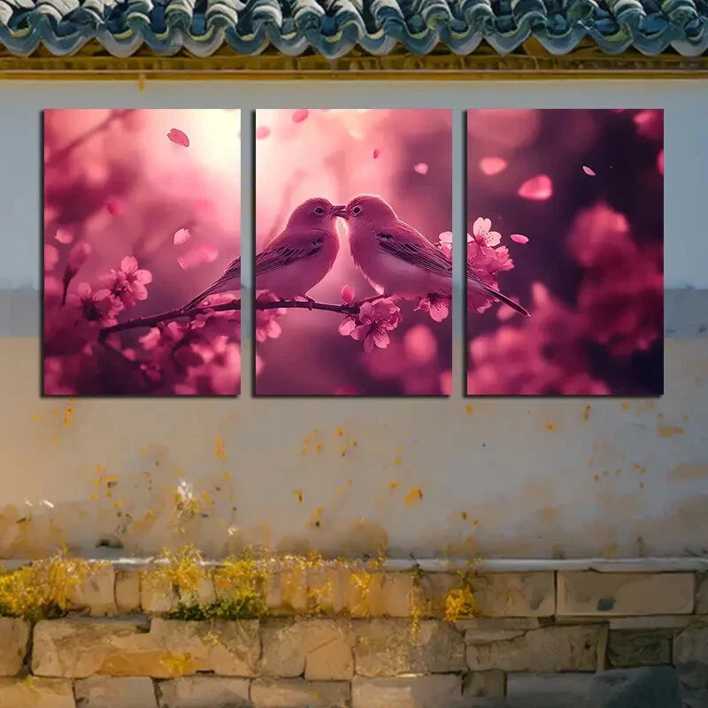 3pcs Romantic Birds on Branch Pink Illustration Metal Print Ready to Hang Art