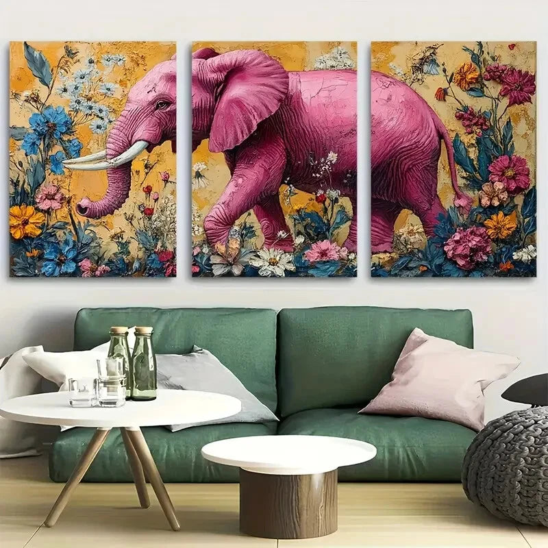 3pcs Vibrant Pink Elephant & Floral Metal Print Ready to Hang Art