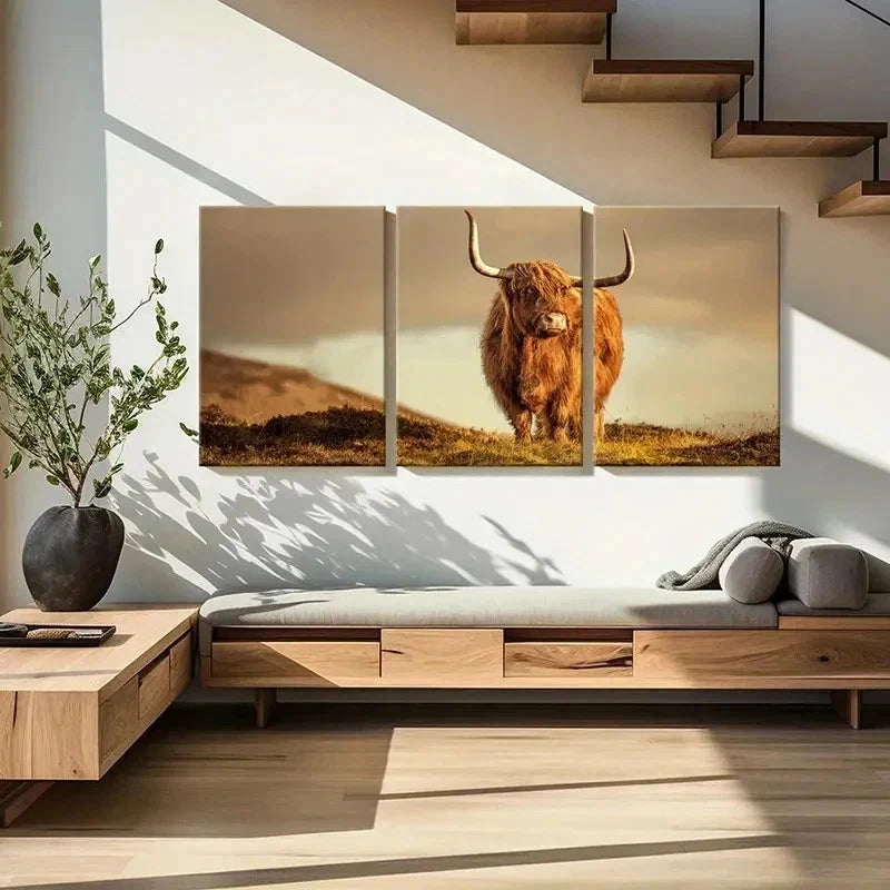 3pcs Plateau Highland Cattle Modern Wall Art Set Canvas Framed 40x60cm - High Quality Print 100% Australian Made Wall Canvas Ready to Hang