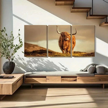 3pcs Plateau Highland Cattle Modern Wall Art Set Canvas Framed 40x60cm - High Quality Print 100% Australian Made Wall Canvas Ready to Hang