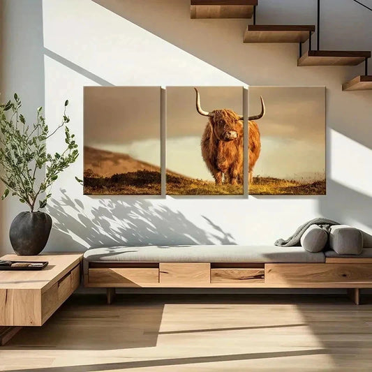 3pcs Plateau Highland Cattle Modern Wall Art Set Canvas Framed 40x60cm - High Quality Print 100% Australian Made Wall Canvas Ready to Hang