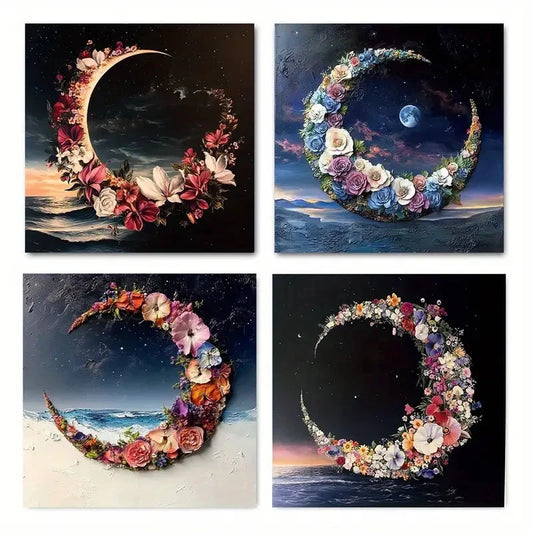 4pcs Beach Moon Flowers Modern Elegant Wall Art Canvas Framed