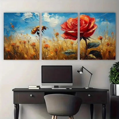 3pcs Vibrant Red Rose Honeybee Meadow Floral Metal Print Ready to Hang Art