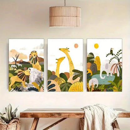 3pcs Elephant Giraffe Lion Wild Animals Art Metal Print Ready to Hang Art
