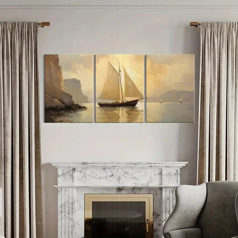 3pcs Sailing Ship Ocean View Coastal Landscape Metal Print Ready to Hang Art