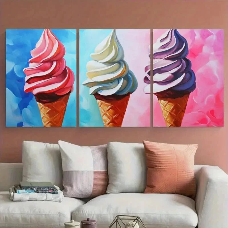 3pcs Vibrant Ice Cream Food Illustration Metal Print Ready to Hang Art
