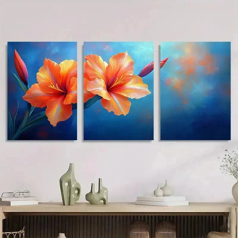 3pcs Vibrant Orange & Blue Floral Perfect Wall Art Set Canvas Framed 40x60cm - High Quality Print 100% Australian Made Wall Canvas Ready to Hang