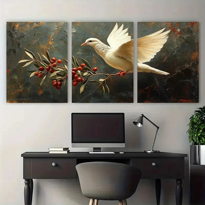 3pcs White Dove Peace Bird with Olive Branch Metal Print Ready to Hang Art