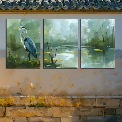3pcs Heron Stands Quietly in A Peaceful Pond Metal Print Ready to Hang Art