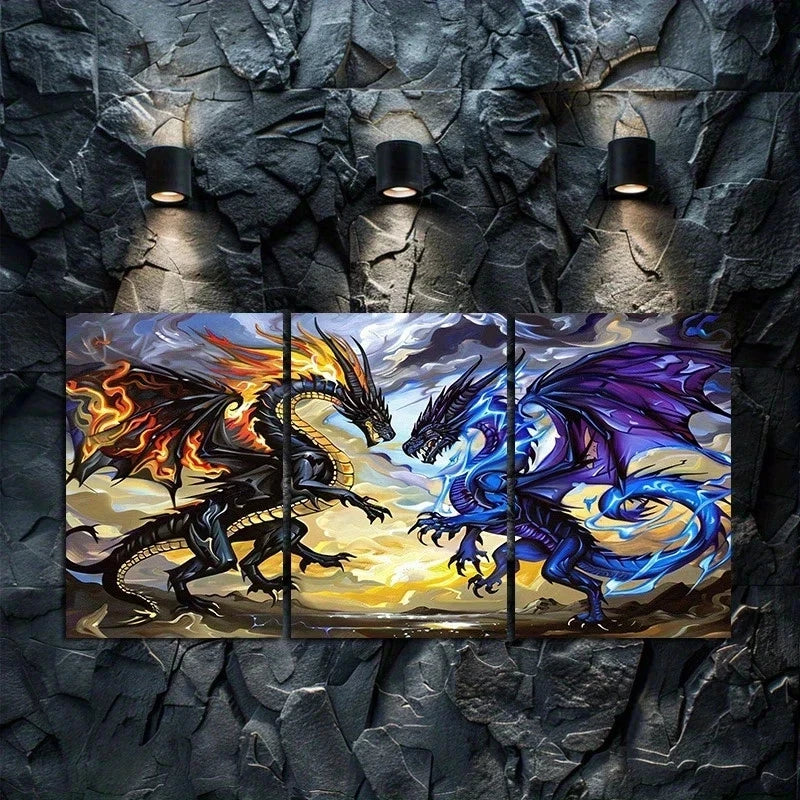 3pcs Fantasy Dragon Battle Illustration Metal Print Ready to Hang Art