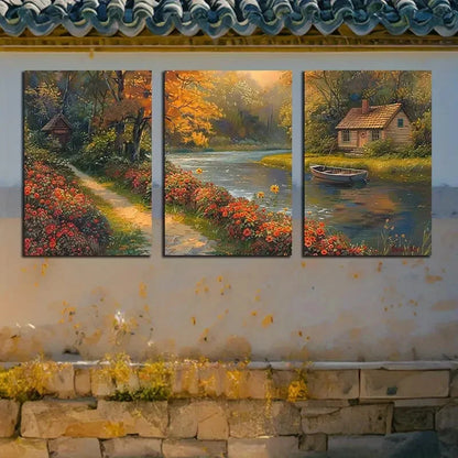 3pcs Vibrant Farmhouse Serene River Scenery Metal Print Ready to Hang Art
