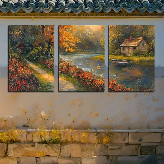 3pcs Vibrant Farmhouse Serene River Scenery Metal Print Ready to Hang Art