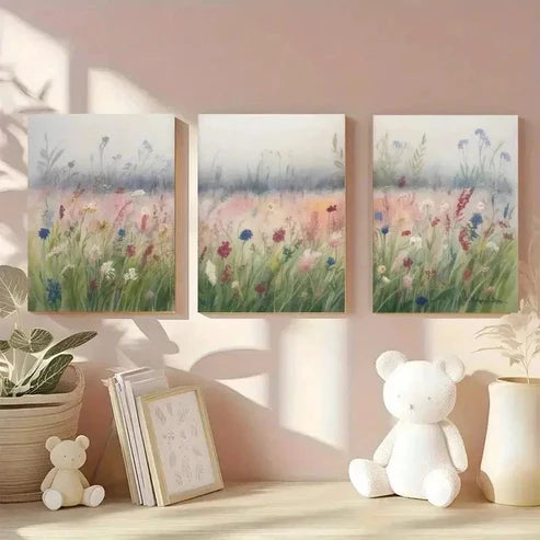3pcs Wildflowers, Green Grass Wall Art Set Canvas Unframed - High Quality Print 100% Australian Made Wall Canvas