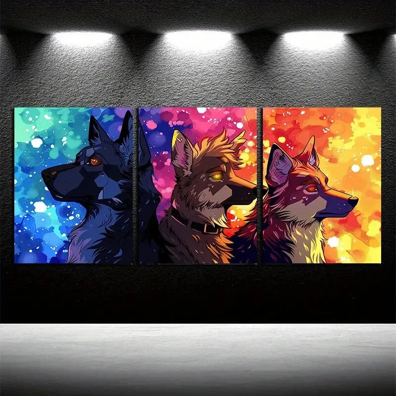 3pcs Dogs Heads in Vibrant Background Design Metal Print Ready to Hang Art