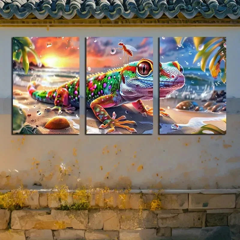 3pcs Vibrant Ocean Sunset Lizard Metal Print Ready to Hang Art