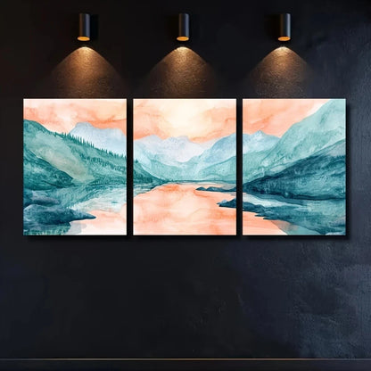 3pcs Summer Mountain Streams Peach & Aqua Metal Print Ready to Hang Art