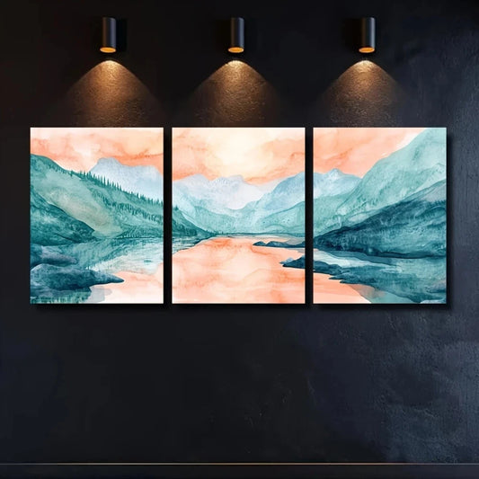 3pcs Summer Mountain Streams Peach & Aqua Metal Print Ready to Hang Art