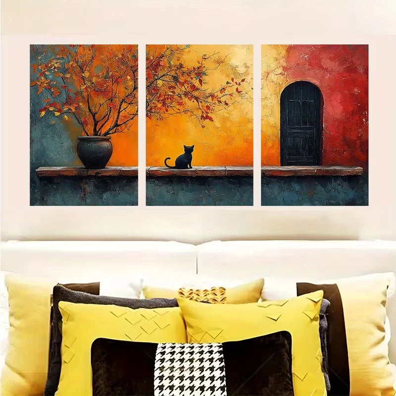 3pcs Whimsical Cats, Colorful Dusk Scene Metal Print Ready to Hang Art