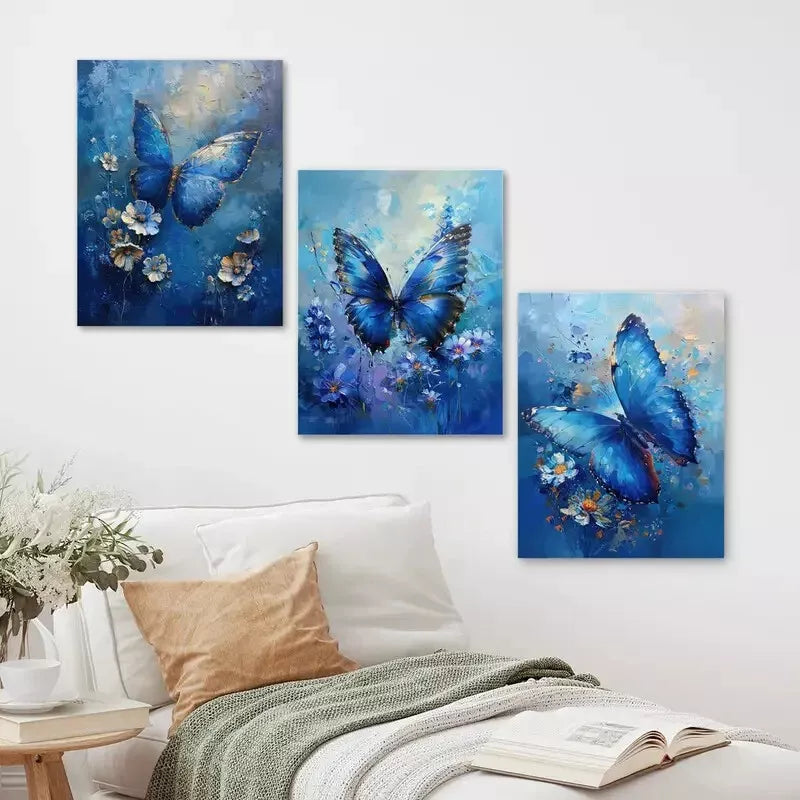 3pcs Blue Floral & Butterfly  Wall Art Set Canvas Framed 50x70cm - High Quality Print 100% Australian Made Wall Canvas Ready to Hang - Bella Home Decor