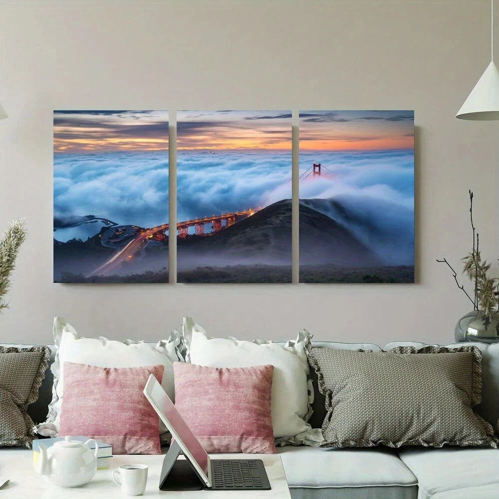 3pcs Golden Gate Bridge at Sunset Metal Print Ready to Hang Art