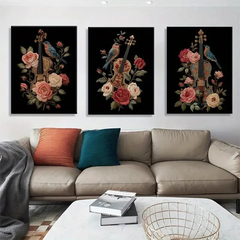 3pcs Exquisite Style Bird & Rose Canvas Prints Metal Print Ready to Hang Art