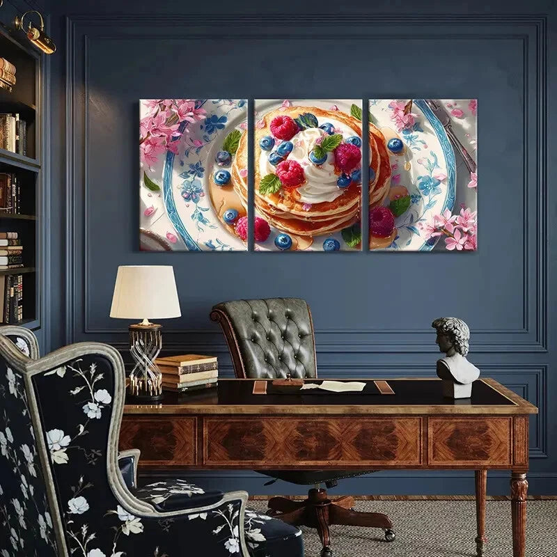 3pcs Elegant Pancake Breakfast with Whipped Cream Metal Print Ready to Hang Art