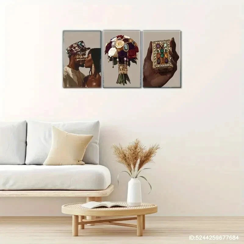 3pcs Elegant Black Couple & Luxurious Jewelry Metal Print Ready to Hang Art