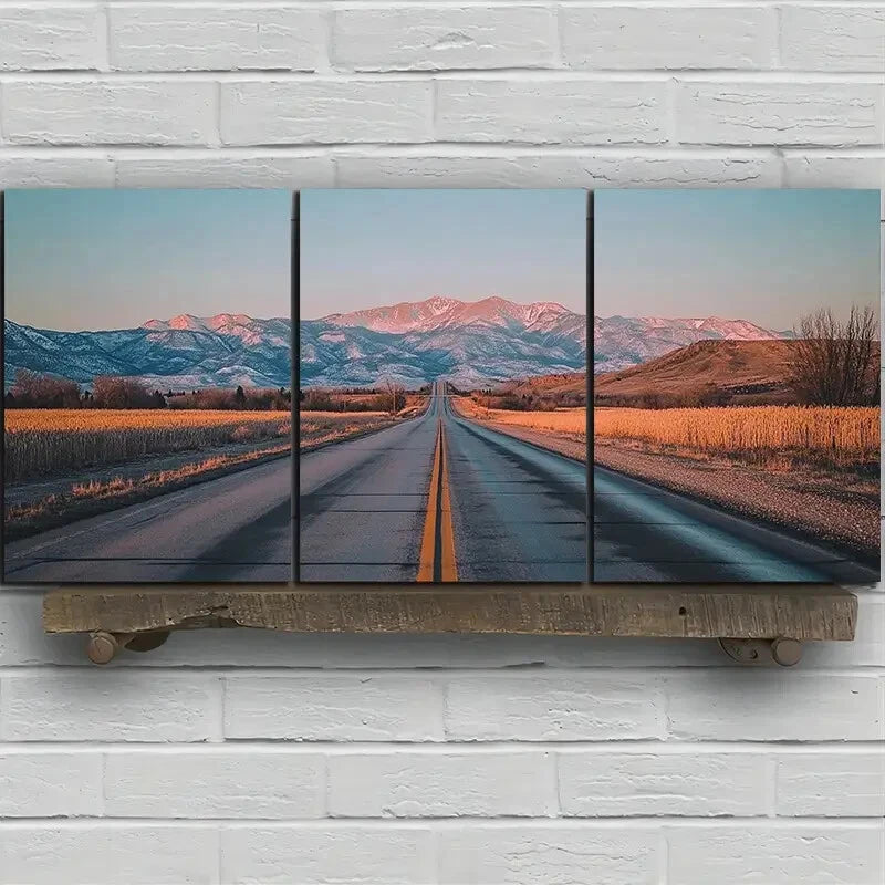 3pcs Road Under The Sunset Glow Metal Print Ready to Hang Art