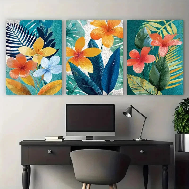 3pcs Menorca Travel Tropical Floral Illustration Wall Art Set Canvas Framed 40x60cm - High Quality Print 100% Australian Made Wall Canvas Ready to Hang