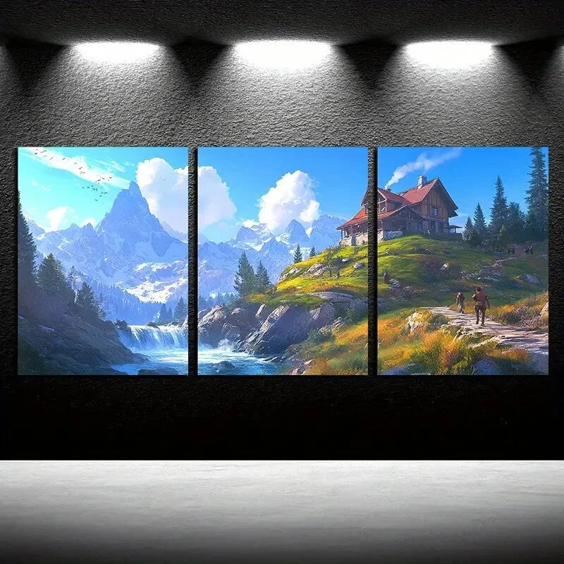 3pcs Scenic Mountain Landscape with Forest Hut Metal Print Ready to Hang Art