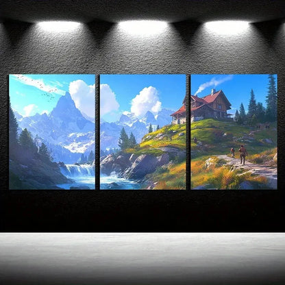 3pcs Scenic Mountain Landscape with Forest Hut Metal Print Ready to Hang Art
