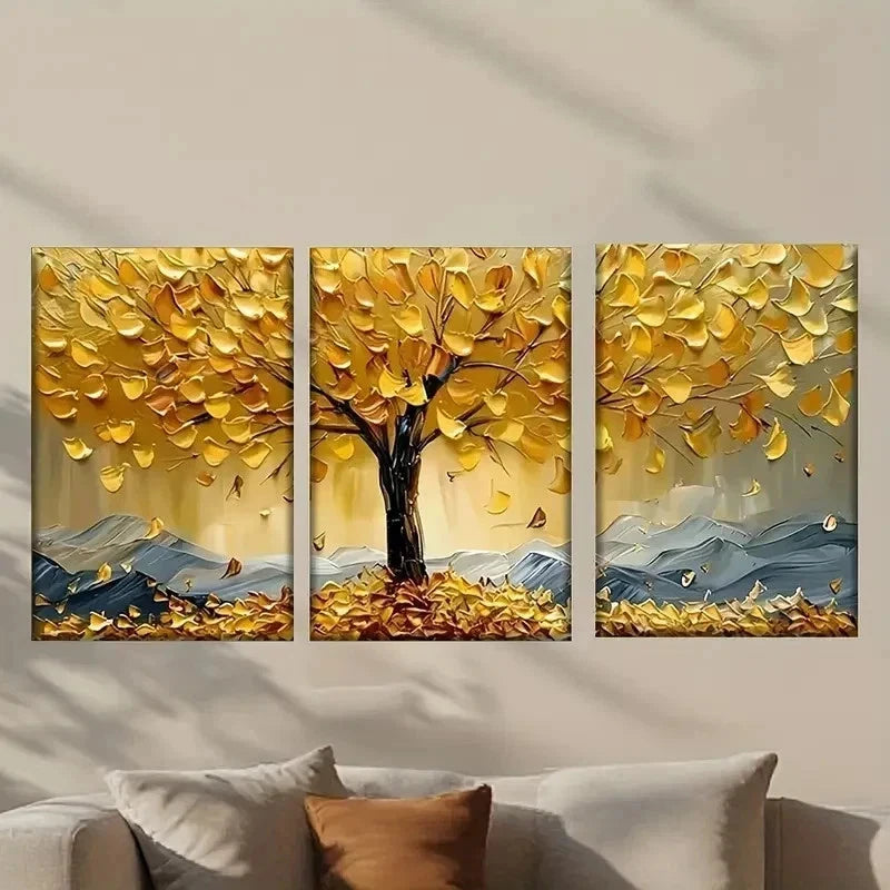 3pcs Tree with Golden Yellow Leaves Wall Art Set Canvas Framed 40x60cm - High Quality Print 100% Australian Made Wall Canvas Ready to Hang