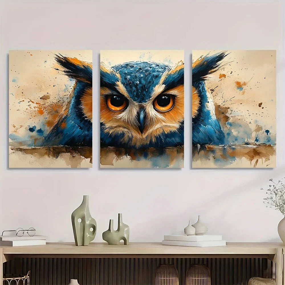 3pcs Whimsical Owl Watercolor Browns Teals Metal Print Ready to Hang Art