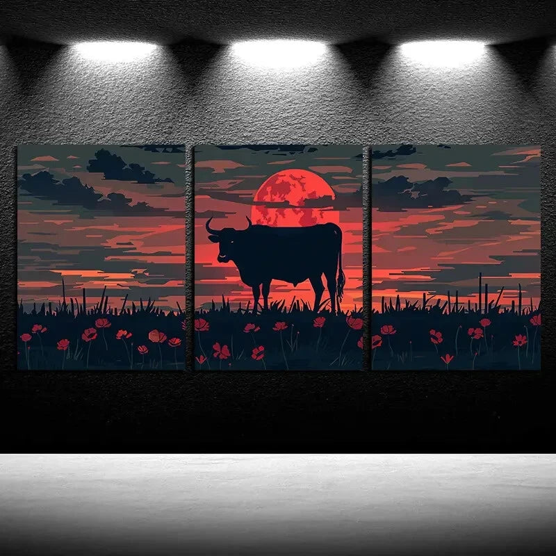 3pcs Black Cow with Moonlit and Floral Design Metal Print Ready to Hang Art