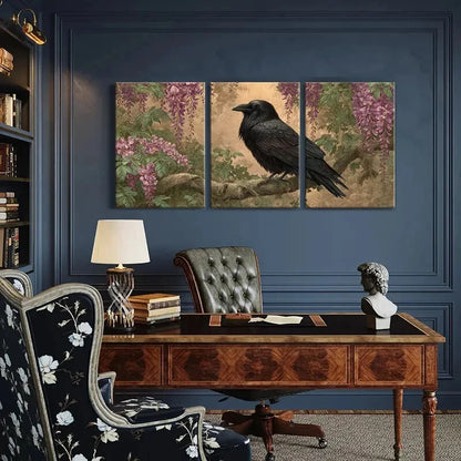 3pcs Black Crow on Branch with Purple Wisteria Metal Print Ready to Hang Art